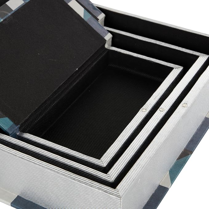 Deco 79 Faux Leather Decorative Box Faux Book Storage Book Shaped Boxes with Black and White Geometric Patterns, Set of 3 Decorative Keepsake Boxes 13", 11", 9"H, Blue