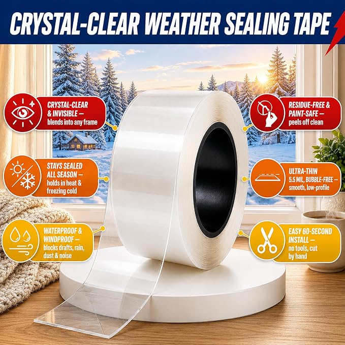 Window Weather Sealing Tape, 2" x 35 Yards Ultra-Clear Insulation Tape - Residue-Free Weather Stripping for Windows, Doors & AC Units, Blocks Drafts, Waterproof & Windproof, All-Season