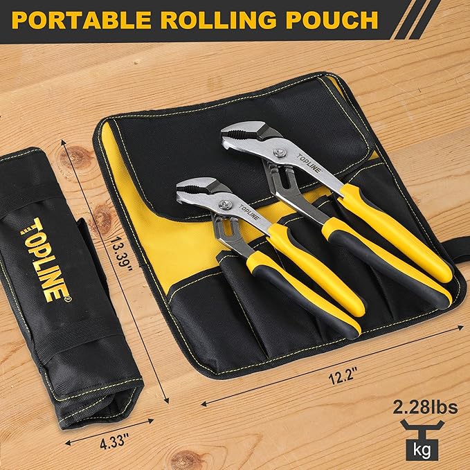 TOPLINE 4-Piece Groove Joint Pliers Set with Bi-Material Handles, 12-in, 10-in, 8-in and 6-in Included, Tongue and Groove Pliers Set for Plumbing Repair and Home Maintenance, Rolling Pouch Included