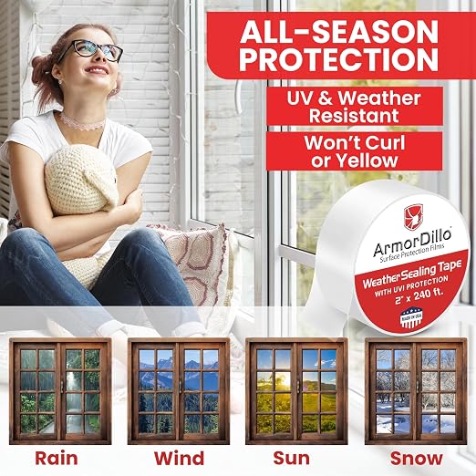 ArmorDillo Transparent Window Weather Sealing Tape, w Free Utility Knife, 2" X 240FT (80 YDS) - Clear Weather Stripping Tape, Draft Isolation & Insulation, No Residue, for Windows, Doors, AC & RV