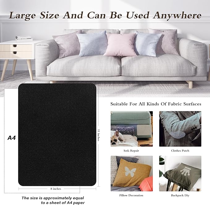 Fine Linen Repair Patches, Self-Adhesive Fabric Patches, 8X11 inch 2 PCS, Multi Color,Used for Sofa and Linen Item(Black)