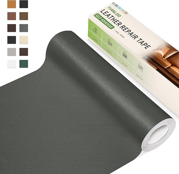 TIANLDD Leather Repair Tape,16 x 80 Inches Self Adhesive Leather Repair Patch，Leather Repair Kit for Furniture，Couches,Car Seats,Cabinets,Handbags(Dark Gray-Fine Lines)