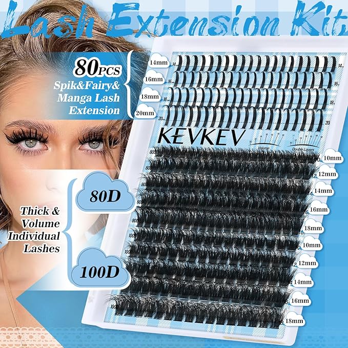 Lash Clusters Kit 80D+100D Lash Clusters with Spikes 3D Volume Eyelash Clusters Lash Extension Kit With Lash Bond And Seal Lash Tweezers （80D+100D,10-18mm)