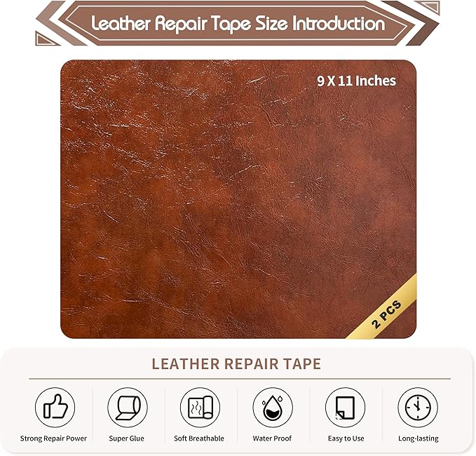 KING MOUNTAIN Leather Repair Patch,2 Packs 9 x 11 Inches self Adhesive Leather Repair Tape for Damaged Leather Furniture, Sofa Seating,Car Seats, Leather Goods（Brown）