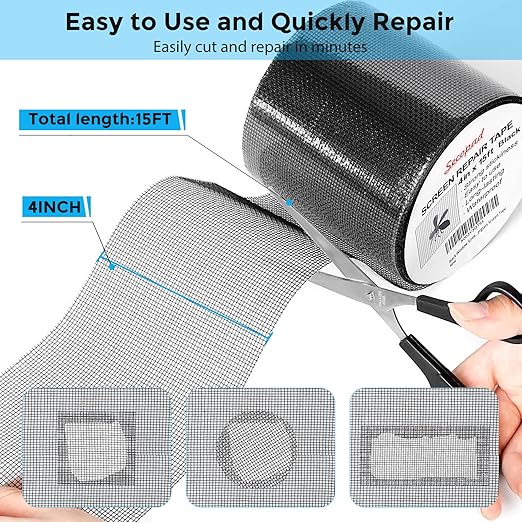 Secopad Black Window Screen Repair Tape, 4 in X 15 FT (180IN) Screen Repair Kit for Windows or Doors, Strong Adhesive Fiberglass Mesh Patch Tape