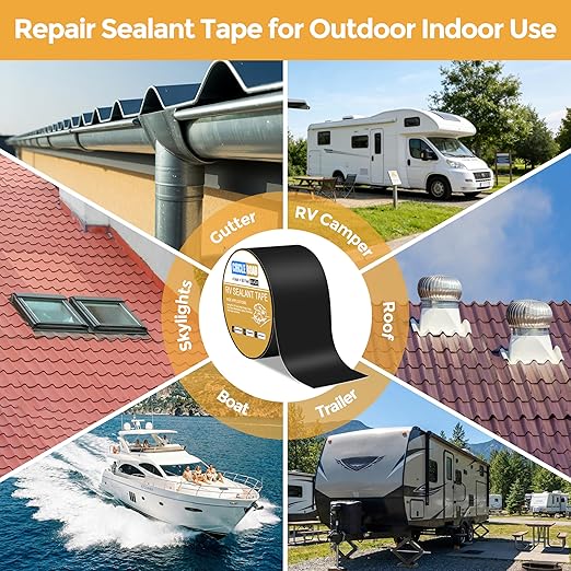 CircleRoad Butyl Sealant Waterproof Tape, RV Roof Tape Black, 4 Inch X 50 Feet RV Repair Sealant Tape, Stop Camper Roof Leaks, UV-Resistant, Weatherproof and Reliable (4In-50FT Black)