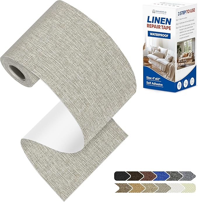 KING MOUNTAIN Linen Repair Patches, Self-Adhesive Fabric Patches, 4 X 63 inch Extra Size, Multi Color, Can be Used for Sofa Repair (Cream-Gray 1.0)