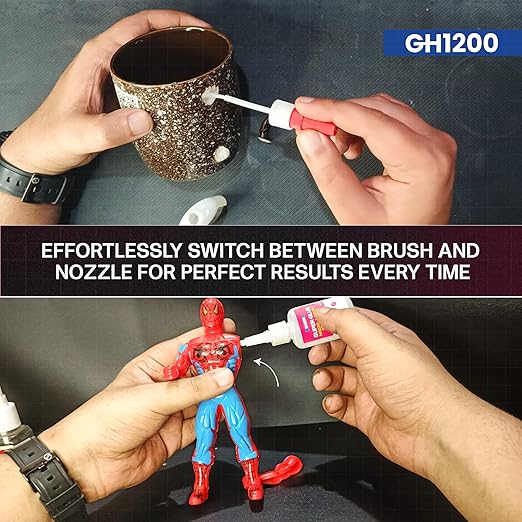 GH1200 2 PCs (2-in-1) Super Glue with Brush Applicator & Nozzle, Mess Free Superglue Brush, Instant Never Dries, 3000 CPS Ca Glue, No Stain Clear Glue, Super Glue for Plastic, Rubber & More
