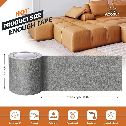 Azbour Leather Repair Tape Patch, 2.4''x15' Super Adhesive, Self-Adhesive Leather Patch for Restoration and Refurbishment of Sofas, Car Seats, Furniture, Vinyl Furniture, Chairs.（Gray）