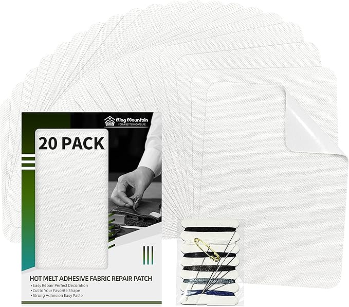 KING MOUNTAIN Iron-on Repair Patch 20 Pcs Pack,100% Cotton Iron-on Repair Patch,3" x4-1/4 with Back Glue Fabric Repair Kit,Repair Denim, Clothes and Fabric (White1.0