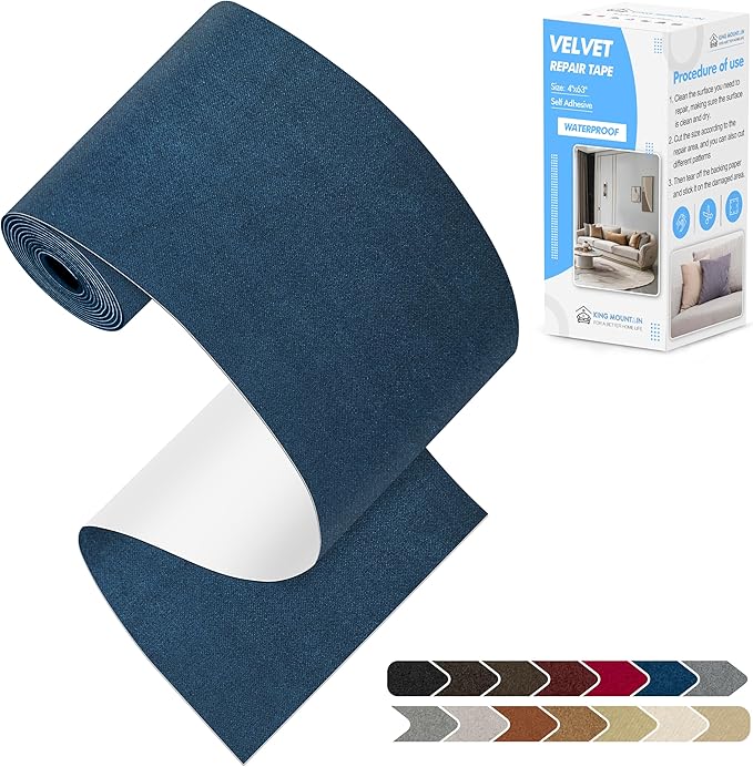 KING MOUNTAIN Couch Fabric Repair Patch, Fabric Patches for Furniture, 4" x 63" Waterproof Velvet Repair Tape for Sofas, Car Seats, Furniture, Upholstery Fabrics and Velvet Goods. （Dark Blue）