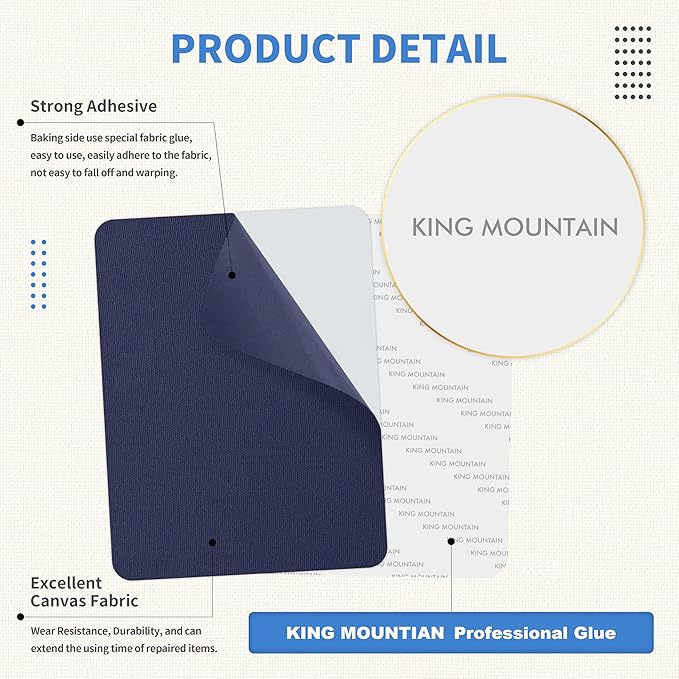 KING MOUNTAIN Canvas Repair Patch 9 x11 Inch 4 Pcs Self-Adhesive Waterproof Fabric Patch for Sofas, Tents, Furniture,Tote Bags, Car Seats (Dark Blue)