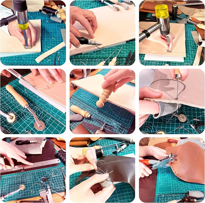 MINUS MUKYS Leather Working Kit Complete Leather Tools Set for Crafts Shoe Repair Kit Belts Includes Hole Puncher for Crafts Sewing Tools Awl Stitching Tool Cutting Mat Ideal for Beginners