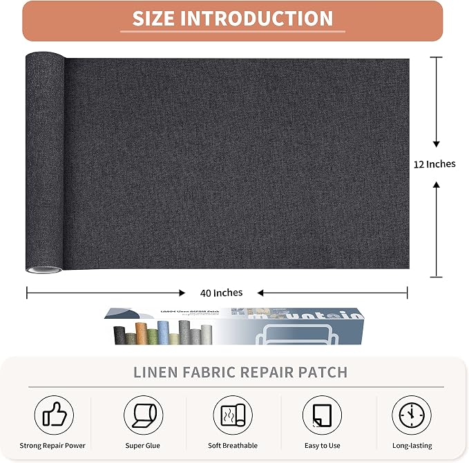 Fine Linen Fabric Patches, Self-Adhesive, Extra Large 12x40 inch, Multi Color, for Sofa & Furniture Repair (Dark Grey)