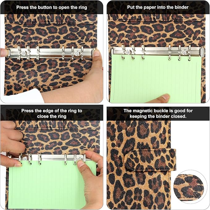 Convend A5/A6 Refillable 6 Ring Faux Leather Binder with Raised Leopard Texture,Mini Notebook Binder Cover for A5 Filler Paper,Loose Leaf Personal Planner Cover with Magnetic Buckle Closure(Leopard)