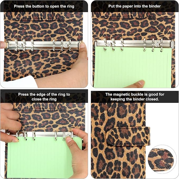 Convend A6/A5 Refillable 6 Ring Faux Leather Budget Binder,Mini Notebook Binder Cover for A6 Filler Paper,Loose Leaf Personal Planner Cover with Magnetic Buckle Closure (Leopard)