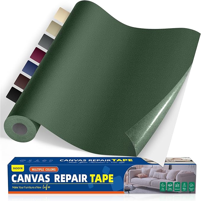 Self-Adhesive Canvas Repair Tape, 16" x 79" Waterproof Canvas Repair Patch, Fabric Patch Repairs Kit for Furniture, Tents, Sunbrellas, Boat Covers Awnings, Couches, Clothes, Bags Army Green