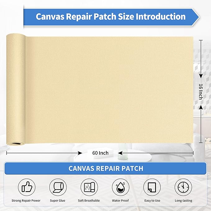 KING MOUNTAIN Canvas Repair Patch 16×60 Inch Self-Adhesive Waterproof Fabric Patch for Sofas, Tents, Furniture,Tote Bags, Car Seats (Beige)