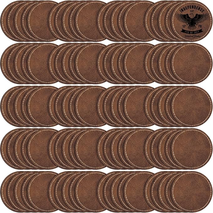 100 Pack Blank Leatherette Patches with Adhesive, Round Laser Engravable Faux Leather Patch for Hats Custom, Fabric Repair Sew, Engraving Materials, Gifts, DIY (Rustic, 2.5 x 2.5 in)