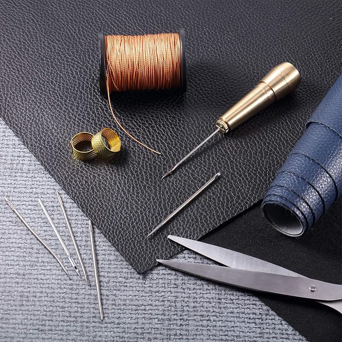 WILLBOND 6 Pieces Leather Sewing Awl Needle with Copper Handle, Upholstery Repair Kit 50 M Nylon Cord Thread and 2 Pieces Thimble for Handmade Leather Sewing Tools Shoes and Repair