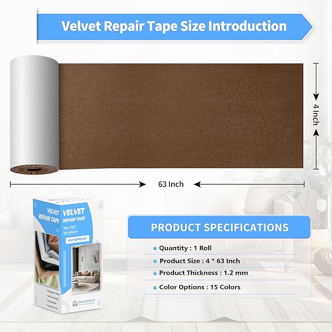 KING MOUNTAIN Couch Fabric Repair Patch, Fabric Patches for Furniture, 4" x 63" Waterproof Velvet Repair Tape for Sofas, Car Seats, Furniture, Upholstery Fabrics and Velvet Goods. （Brown）