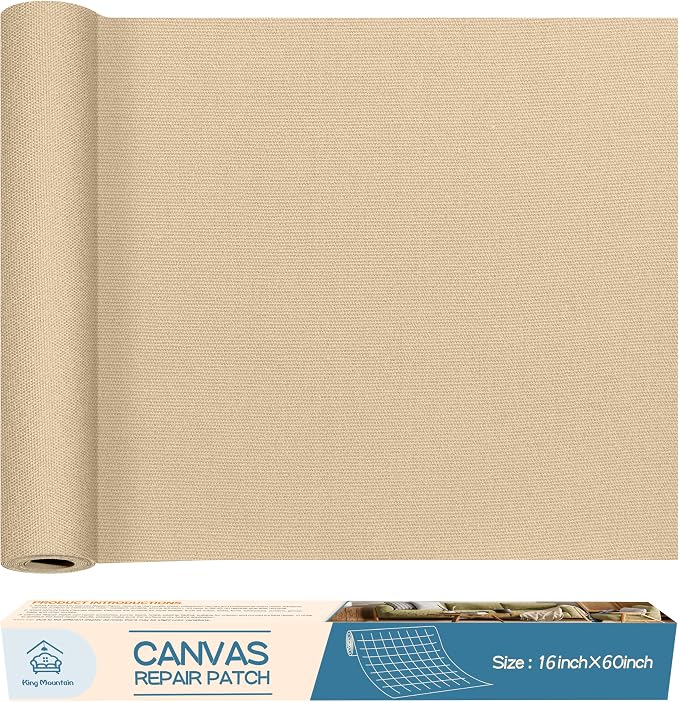 KING MOUNTAIN Canvas Repair Patch 16×60 Inch Self-Adhesive Waterproof Fabric Patch for Sofas, Tents, Furniture,Tote Bags, Car Seats (Khaki)