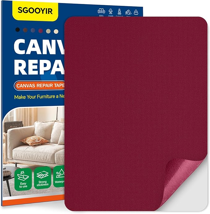 Self-Adhesive Canvas Repair Tape, 8.3" x 11" Waterproof Canvas Repair Patch, Fabric Patch Repairs Kit for Furniture, Tents, Sunbrellas, Boat Covers Awnings, Couches, Clothes, Bags Burgundy