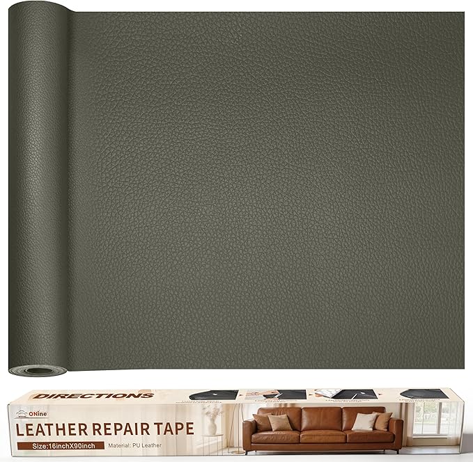 ONine Leather Repair Patch，Leather Repair Tape, 16 x 90 inches Leather Repair Patch for Furniture,Vinyl Repair Kit，Leather Couch Patch，for Sofas, Furniture, Car Seats（Grey-Litchi Grain