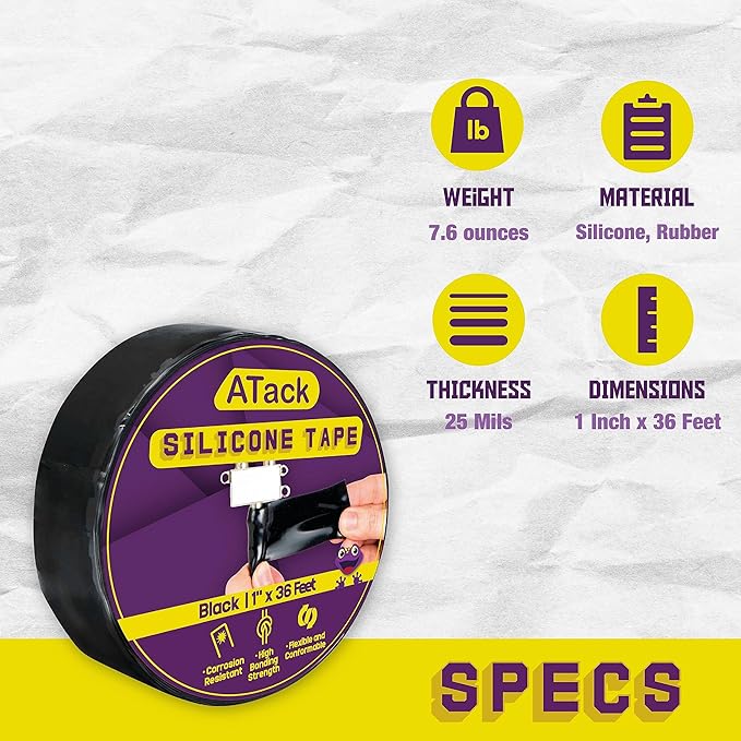 ATack Silicone Self-Fusing Tape, 1-Inch x 36-Foot (Black) Waterproof Professional Grade Weatherproof Self-Fusing Silicone Rubber Sealing Wrap Tape for Hose, Pipe, Plumbing Emergency Repair 25 Mil