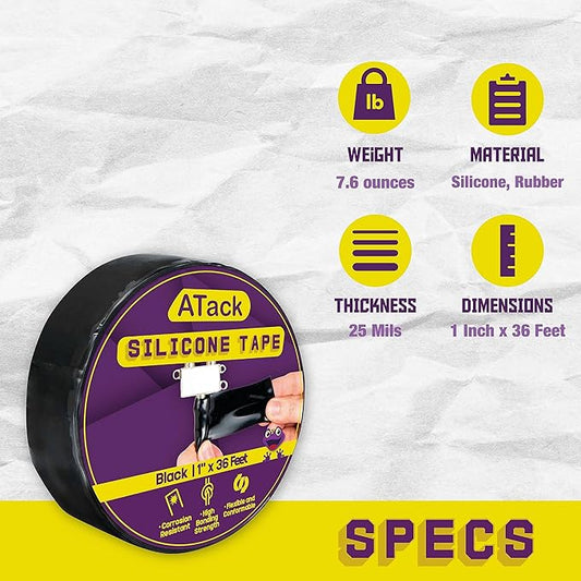 ATack Silicone Self-Fusing Tape, 1-Inch x 36-Foot (Black) Waterproof Professional Grade Weatherproof Self-Fusing Silicone Rubber Sealing Wrap Tape for Hose, Pipe, Plumbing Emergency Repair 25 Mil