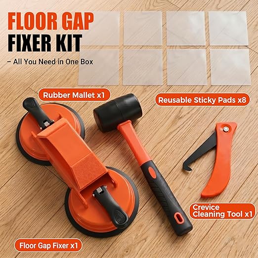 Floor Gap Fixer Tool: Flooring Repair Tool with 45° Striking Surface & Dual Suction Cups for Laminate & Vinyl Plank Floors Gap Puller Kit with Rubber Mallet, 8 Reusable Sticky Pads & Scraper