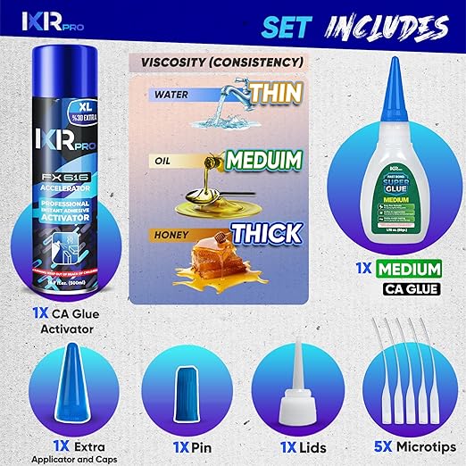 CA Glue with Activator Kit 1.75 oz Medium Viscosity Cyanoacrylate Glue 16.9 oz Activator Spray Heavy-Duty SuperGlue for Gap-Filling, Wood, Metal, Plastic, Furniture Repair, Vertical, Overhead Surface