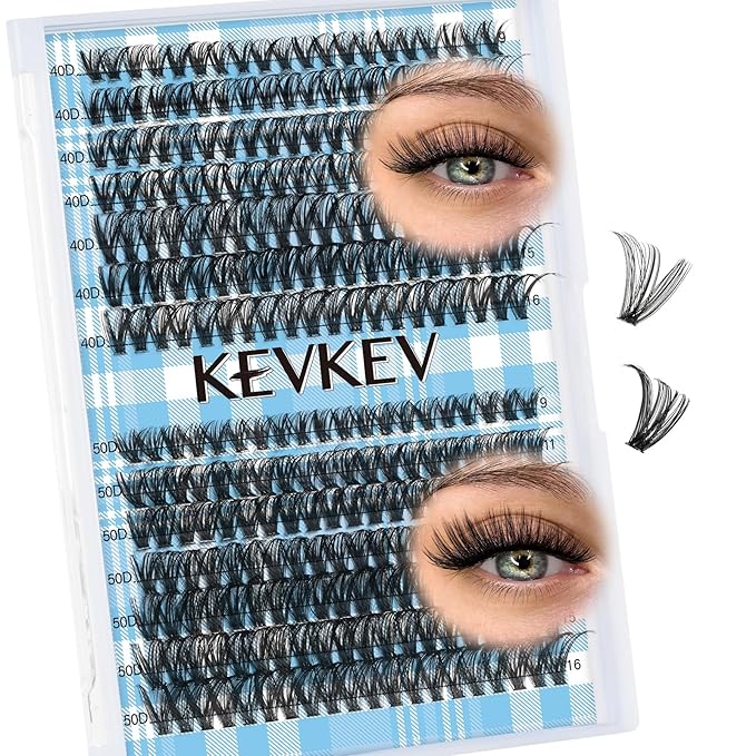 KEVKEV Lash Clusters Volume Eyelash Clusters 9-16mm Thick Individual Lashes 280pcs D Curly Cluster Eyelash Extensions Soft DIY Lash Extension At Home(0.07D，40D+50D)