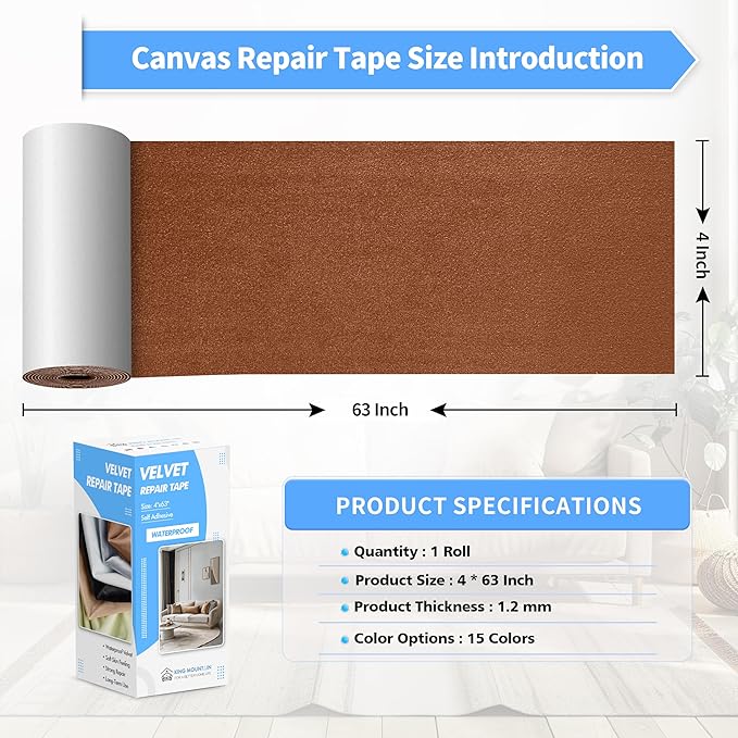 KING MOUNTAIN Couch Fabric Repair Patch, Fabric Patches for Furniture, 4" x 63" Waterproof Velvet Repair Tape for Sofas, Car Seats, Furniture, Upholstery Fabrics and Velvet Goods. （Light Brown）