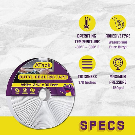 ATack White Butyl Seal Tape 1/8-Inch x 3/4-Inch x 30-Foot Leak Proof Putty Tape for RV Repair, Window, Boat Sealing, Glass and EDPM Rubber Roof Patching