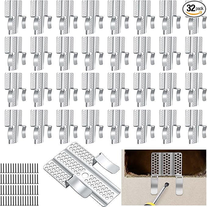 moonoom 32 Pack Drywall Repair Clips, 1/2 inch Drywall Fastener Clip with 64 Screws, Stainless Steel Wall Patch Clips for Damaged Walls Repairing