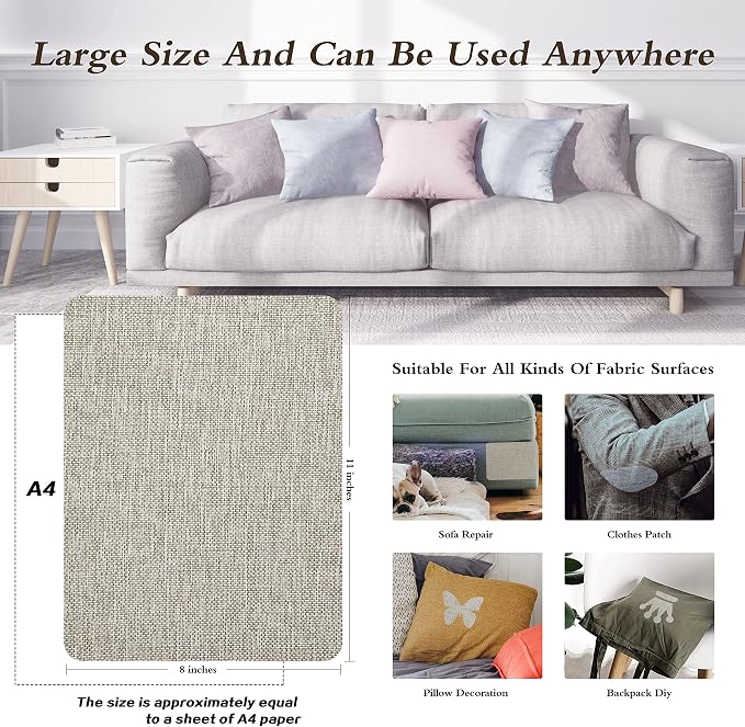 KING MOUNTAIN Coarse Linen Repair Patches, Self-Adhesive Linen Fabric Patches, 8X11 inch Extra Size, Multi Color, Can be Used for Linen Sofa Repair (8" x 11",Cream-Gray 1.0)
