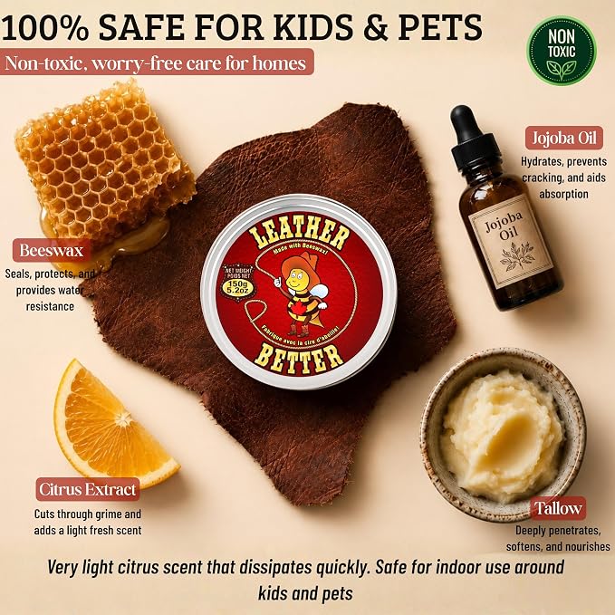 Leather Better All Natural Leather Furniture Cleaner and Conditioner, 10.04 oz - Beeswax, Tallow & Jojoba Oil/Conditions, Softens & Restores Leather Sofas, Boots, Car Seats, Saddles & Bags | Deeply conditions for 3+ months, Eco-Friendly Recyclable Tin,...