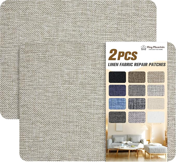 KING MOUNTAIN Coarse Linen Repair Patches, Self-Adhesive Fabric Patches, 8X11 inch 2 PCS, Multi Color, Can be Used for Couch and Linen Item (Cream-Gray 1.0)