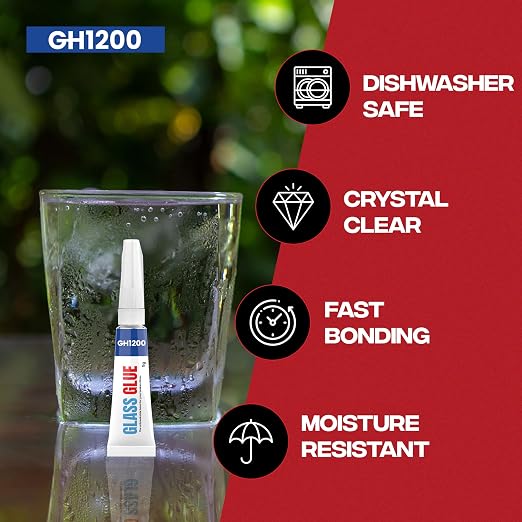GH1200 Glass Glue Clear Repair Heavy Duty (5g x 5 PCs) Stain & Spot Free, with Fast Setting, Super Glue for Glass, Bowls, Articrafts, Crystals & More