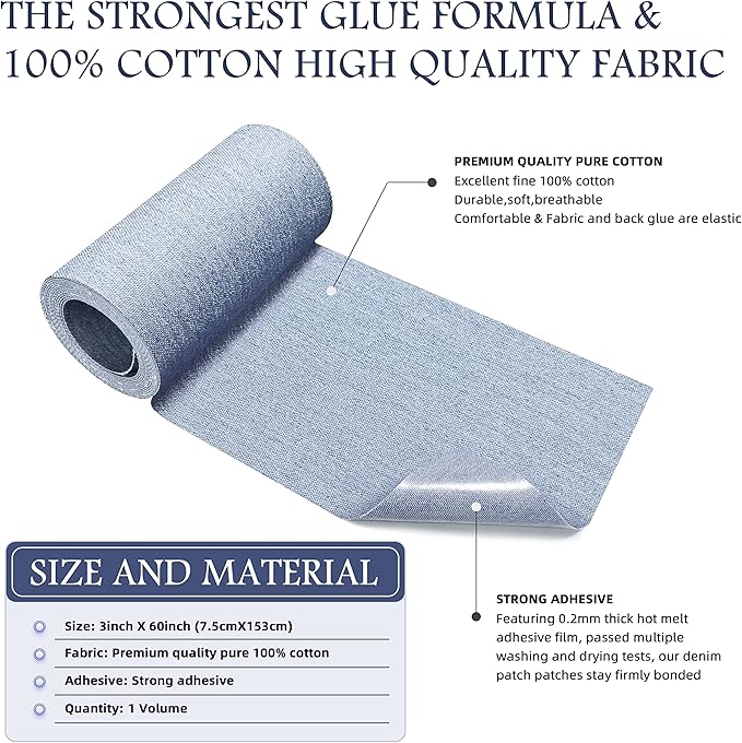 KING MOUNTAIN Iron-on Repair Patch,3"x60"100% Cotton Denim Iron-on Repair Patch, Jeans and Clothing Repair and Decoration Kit (Light Blue)