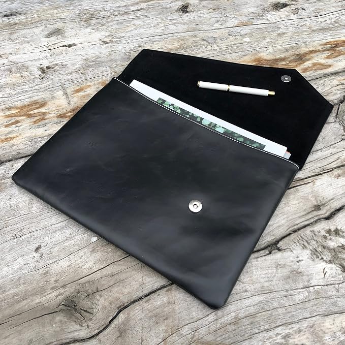 Vintage pu Leather 13.5" Business Clutch Envelope Bag Documents Certificate Laptop Sleeve Case Office File Folder (Black)