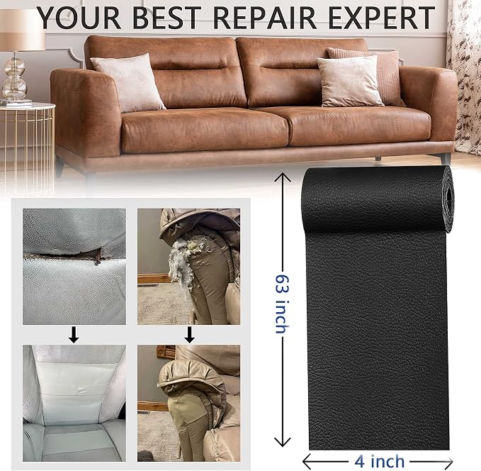 YAFLC Leather Repair Patch for Furniture, 4" x 63" Self Adhesive Leather Repair Kit Vinyl Repair Tape for Car Seat Sofa Jackets Couches Chair Caramel Brown