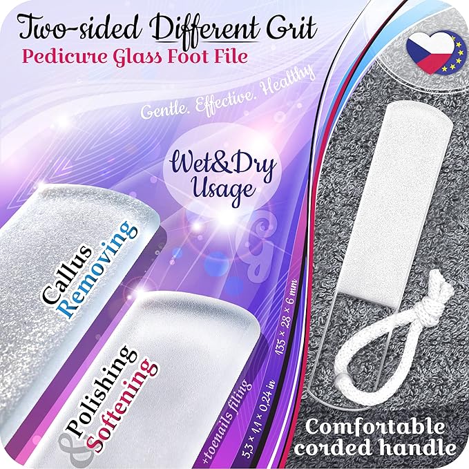 GLADZY Glass Nail File Set - Czech Crystal Manicure Tools for Natural Nails, Glass Foot File Callus Remover, Professional Manicure & Pedicure Foot Spa Kit for Fingernails & Toenails, Made in EU