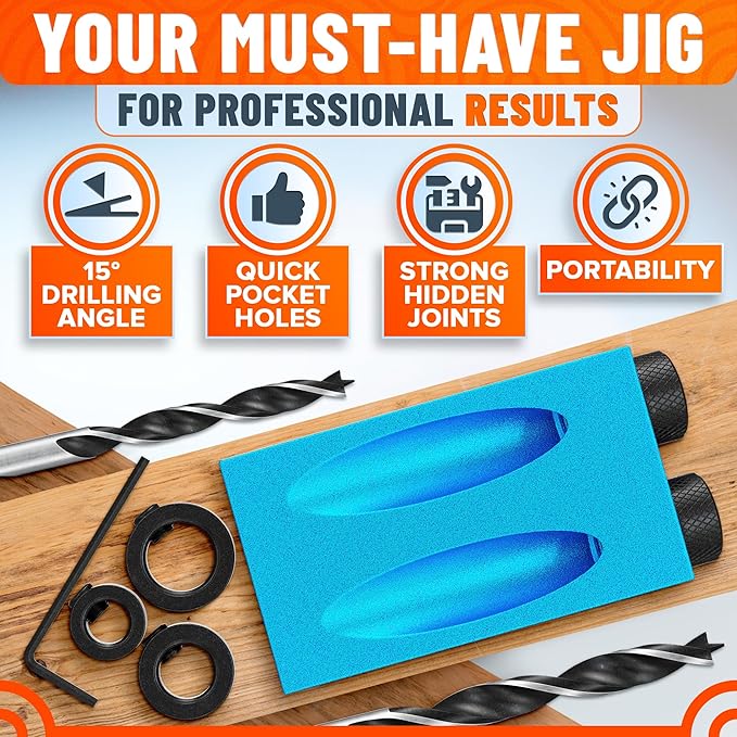 14 Pcs Compact Pocket Hole Jig Kit – Build Strong, Clean Joints with Hidden Screws | Aluminum Pocket Screw Jig with 15° Angle Drill Guide, 6 Bushings 6–10mm, 3 Drill Bits, Stop Rings, Adapter, Case