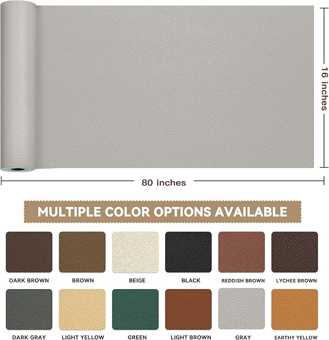 TIANLDD Leather Repair Tape,16 x 80 Inches Self Adhesive Leather Repair Patch，Leather Repair Kit for Furniture，Couches,Car Seats,Cabinets,Handbags(Light Gray-Litchi Grain)