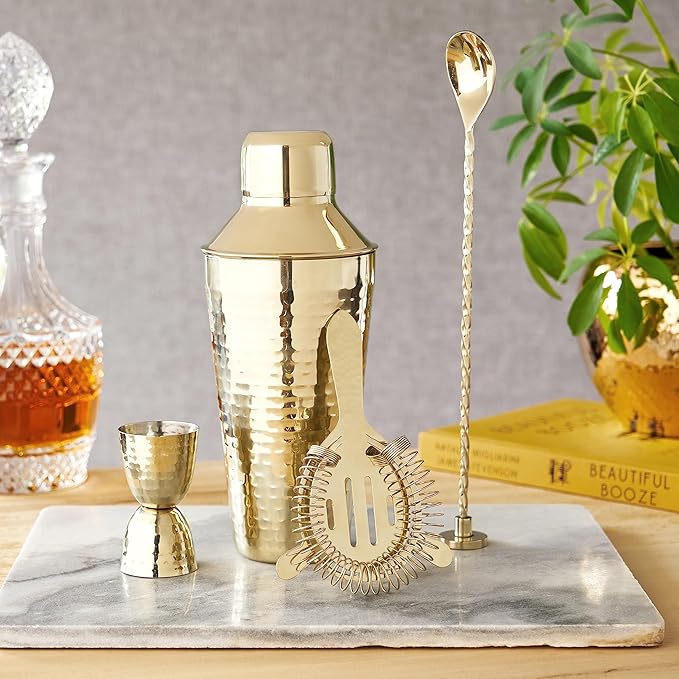 Twine 4-Piece Gold Hammered Cocktail Shaker Set Includes Cobbler Shaker, Strainer, Jigger, Bar Spoon for Classic Cocktails, Mixed Drinks, Cold Brew, Home Bar Tools, Bartender Kit, Bar Cart Accessories