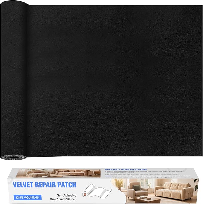 KING MOUNTAIN Couch Fabric Repair Patch, Fabric Patches for Furniture, 16" x 80" Waterproof Velvet Repair Tape for Sofas, Car Seats, Furniture, Upholstery Fabrics and Velvet Goods. （Black）