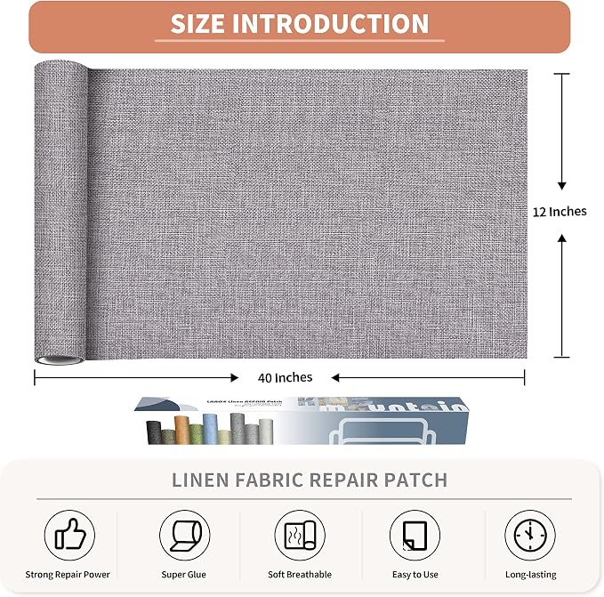 Coarse Linen Repair Patches, Self-Adhesive Linen Fabric Patches, 12X40 inch Extra Size, Multi Color, Can be Used for Linen Sofa Repair (12" x 40",Light Grey)
