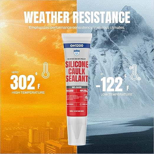 GH1200 150 ML/5 FL Oz Silicone Caulk Clear Silicone Sealant Waterproof, Kitchen & Bathroom Caulk - Shrink & Crack Proof - Indoor & Outdoor Use Silicone Glue - Strong Caulking Formula Tube